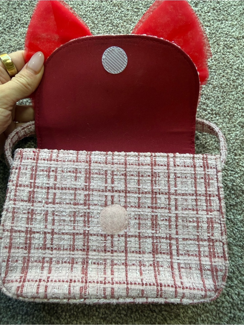 Girls Pink and Red Tweed Shoulder Bag with Large Red Bow - Picture 2 of 14